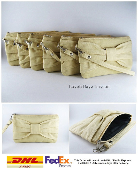 Wedding - SUPER SALE - Set of 5 Cream Bow Clutches - Bridal Clutches, Bridesmaid Clutches, Bridesmaid Wristlet, Wedding Gift - Made To Order