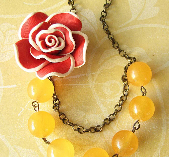 Wedding - Flower Necklace Yellow Jewelry Yellow Necklace Red Jewelry Rose Necklace Bridesmaid Gift Beadwork