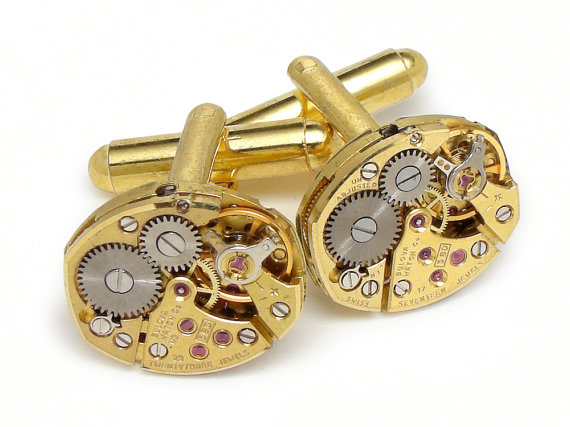 Hochzeit - Steampunk cufflinks Vintage Bulova gold watch movements wedding anniversary Groom Gift gold cuff links men jewelry by Steampunk Nation
