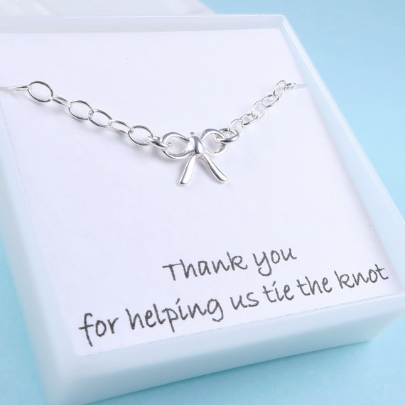 Wedding - Silver Bow Bracelet, Bridesmaids gift, Message Card, Sterling Silver, Bridal jewelry, Tie the Knot