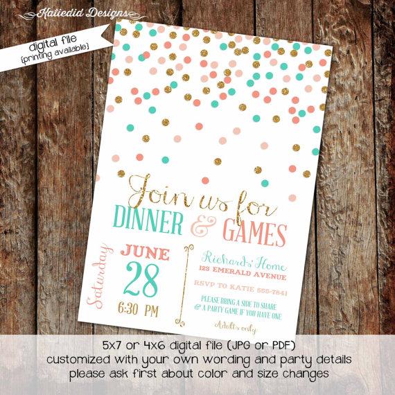 Hochzeit - bridal shower invitations or wedding invite, rehearsal dinner, adult confetti gold mint green and coral or ANY COLORS, digital (item 309)