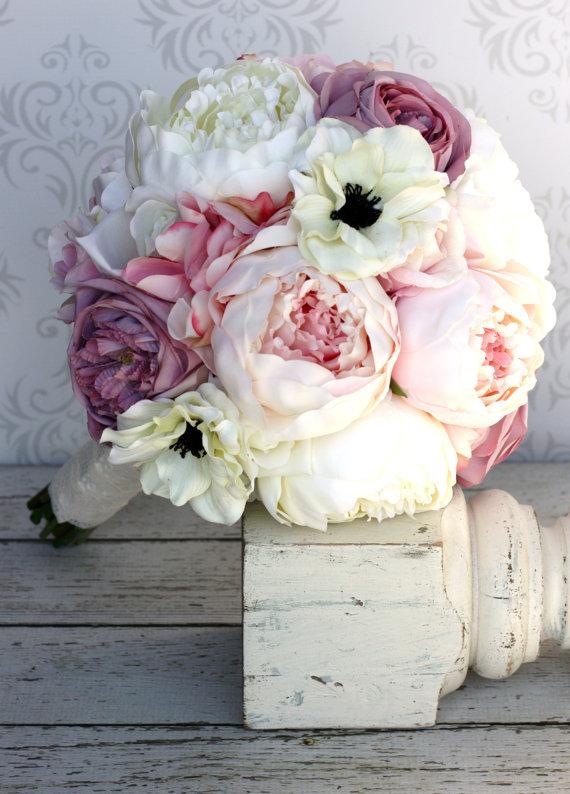 زفاف - Silk Bride Bouquet Peony Flowers Pink Cream Purple Shabby Chic Wedding Decor (Item Number 140291)