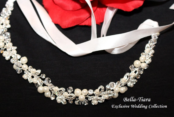 Свадьба - pearl wedding headband, wedding headpiece, crystal wedding headband, bridal ribbon headband, ivory pearl wedding headpiece