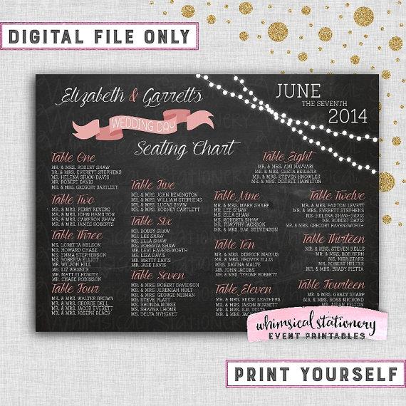 Hochzeit - Printable Seating Chart Wedding "Chalkboard & Lights" (PRINTABLE FILE ONLY) Large Size Find Your Seat Custom Seating Do It Yourself Digital