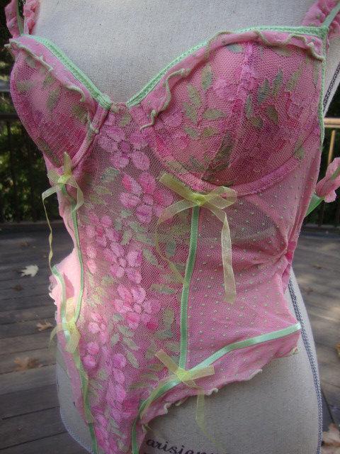 Hochzeit - Vintage Lingerie Pink Lace Bra Corsetry Shapewear Camisole Undergarment Panties Bodysuit Romper Teddy Size S 125