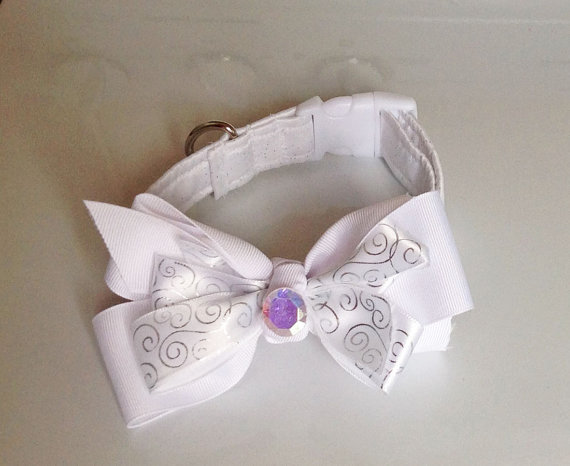 Wedding - White Satin Wedding Dog or Cat Collar with Available Matching Collar Ribbon Bow or Bow tie