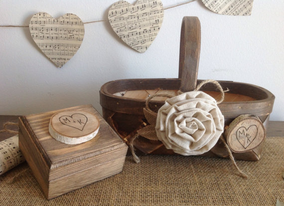 زفاف - Rustic ring bearer box and flower girl basket set with wedding ring bearer pillow, personalized birch tree slice and ivory flower