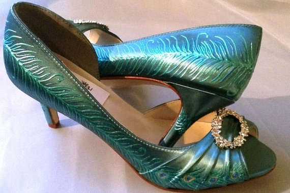 Wedding - Bride sale peacock shoes, sexy feather heels, teal peep toe shoes, bride peacock themed wedding,  peacock blue wedding shoes jenny