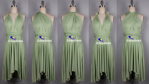 Hochzeit - Multiway Butterfly Hem Short Tea Knee Length Wedding Light Olive Green Bridesmaid Dress Convertible Infinity Wrap Dress