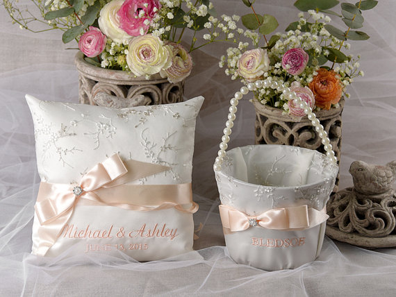 Mariage - Wedding Flower Girl set , Lace Flower Girl Basket, Lace Ring Bearer Pillow, Peach Wedding Pillow , Peach Grey Wedding Basket