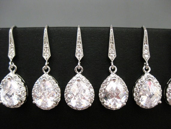 Hochzeit - Lux Cubic Zirconia Clear White Crystal Teardrop Dangle Earrings Sparky Earrings Bridal Earrings Wedding Jewelry Bridesmaid Gift (E049)