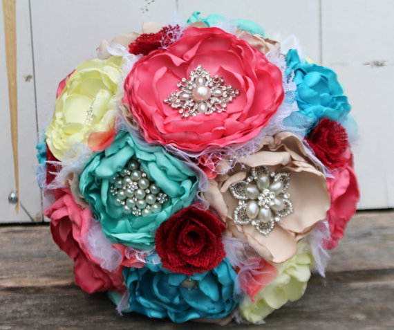Hochzeit - Champagne, Coral, turquoise, aqua, yellow, red and burlap romantic heirloom brooch wedding bouquet.