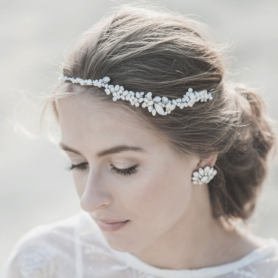 زفاف - Wedding Headband , Wedding Hair Accessories , Freashwater Pearl Halo ,Wedding Hair Vine ,Bridal Wreath, White Opal Tiara ,Bridal Accessories