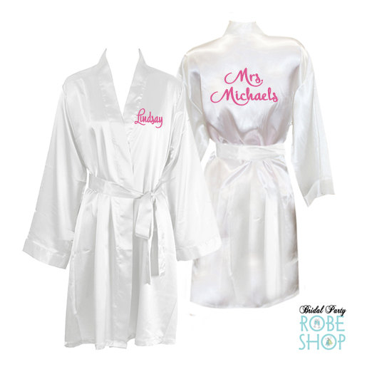Hochzeit - Personalized Knee Length Satin Bridal Robe with Name on Front and Back - Bride Robe, Customized Mrs. Robe, Bridal Lingerie