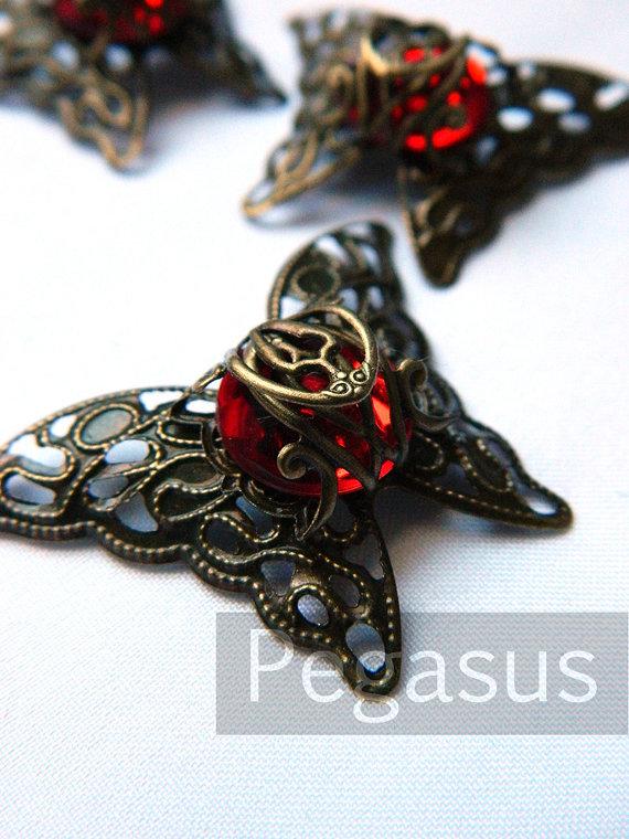 زفاف - Victorian Bronze Ruby RED Filigree Butterfly  Pendants (6 Pieces)(1 inch length) Filigree wrapped charm - Elven Jewelry finding