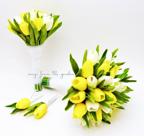 زفاف - Real Touch Tulips Wedding Flower Package Bridal & Bridesmaid Bouquet White Yellow Tulip Groom Groomsman Boutonnieres Real Touch Wedding