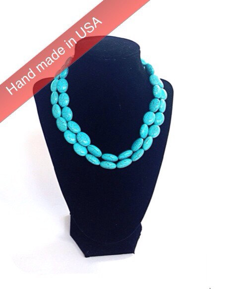 زفاف - Turquoise necklace, 2 strand, trending jewelry, statement necklace, bridesmaid gift, oval stone necklace, beadwork, chunky necklace, 