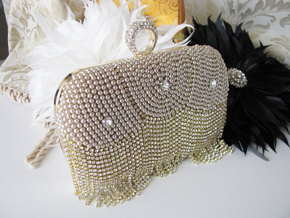 زفاف - Wedding Bag Clutch Formal Evening Bag with Faux pearl and Matching Bracelet
