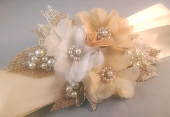 Свадьба - Burlap, Ivory, Champagne, Gold Lace Bridal Sash Belt With Swarovski Crystals And Czech Glass Pearls - Burlap Bridal Sash