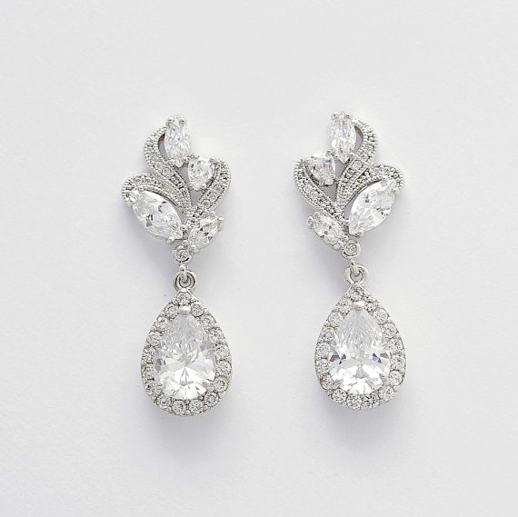 زفاف - Bridal Jewelry Wedding Earrings Crystal Clear Cubic Zirconia Posts Teardrop Wedding Jewelry Bridal Earrings