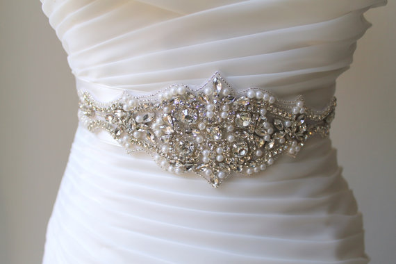 Hochzeit - Bridal beaded rhinestone pearl sash.  Vintage style crystal applique wedding belt.  CAMILLA
