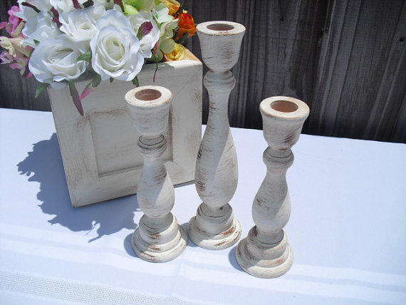 زفاف - Set of 3 Distressed Wood Candle Stick Holders for Rustic Shabby Chic Wedding - You Pick Color - Item 1229