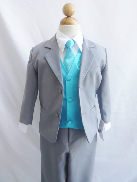 Wedding - Formal Boy Suit Gray with Turquoise Vest for Toddler Baby Ring Bearer Easter Communion Long Tie Size 2, 3, 4, and More