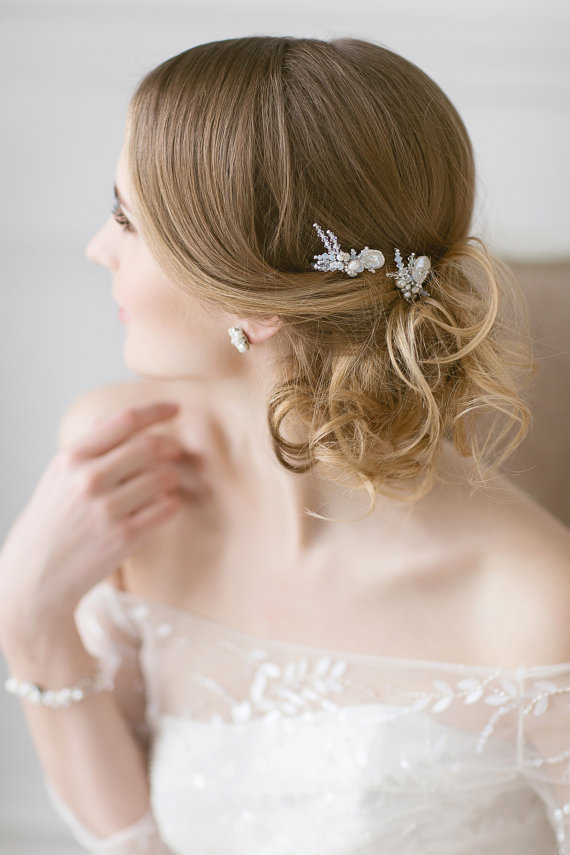 Mariage - Wedding Hair Pins , Set of 2 Pearl Hair Pins ,Wedding Crystal Pins ,Opal Wedding Hair Accessories