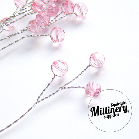 Wedding - 6 Light Pink Acrylic Bead Picks on Silver Wire for Millinery and Wedding Flower Bouquets