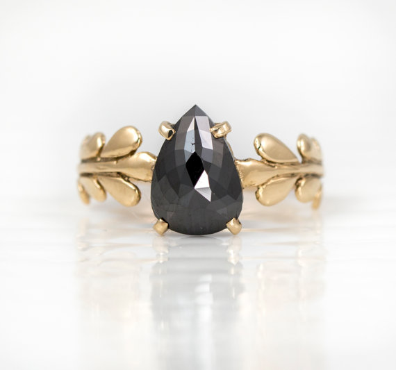 Hochzeit - Rose Cut Black Diamond Ring. Black Pear Shaped Diamond Wisteria Ring in 14k Yellow Gold.  Black Diamond Engagement Ring