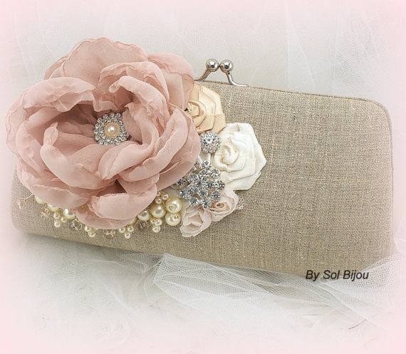 Свадьба - Linen clutch, Bridal Clutch, Wedding Clutch in Blush, Ivory, Tan, Beige and Champagne with Pearls, Crystals and Ostrich Feathers