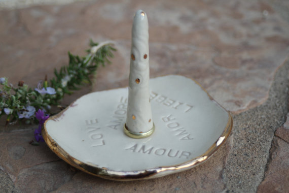 Hochzeit - Love Ring Dish ceramic gold rim Ring holder jewelry holder engagement gift wedding gift anniversary gift for her personalization on request
