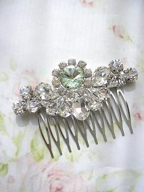 Wedding - mint green wedding hair comb, wedding hair accessories,bridal Swarovski hair comb, head piece,