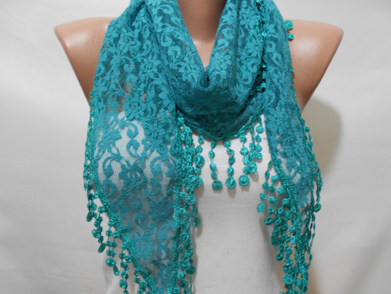 Hochzeit - Teal Green Lace Scarf Bridal Accessories Bridesmaids Gift Summer Teal Wedding Women Fashion Accessory Mothers Day Gift Christmas Gif for her