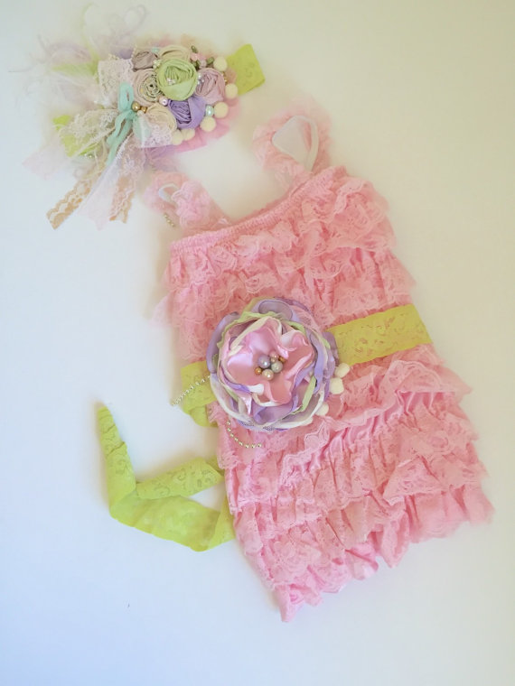 Wedding - Girls Ruffle Romper Set-Baby Lace Romper-Flower Girl Dress-Pink Lace Romper- Shabby Chic Dress-Toddler Dress-Baby Lace Dress-Lace Ruffle Dr