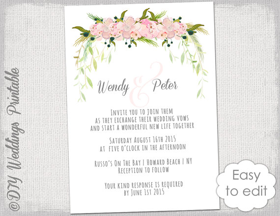 Mariage - Wedding invitation template Printable wedding invitations Blush Pink "Tutti" watercolor flower DIY wedding invites YOU EDIT Word download