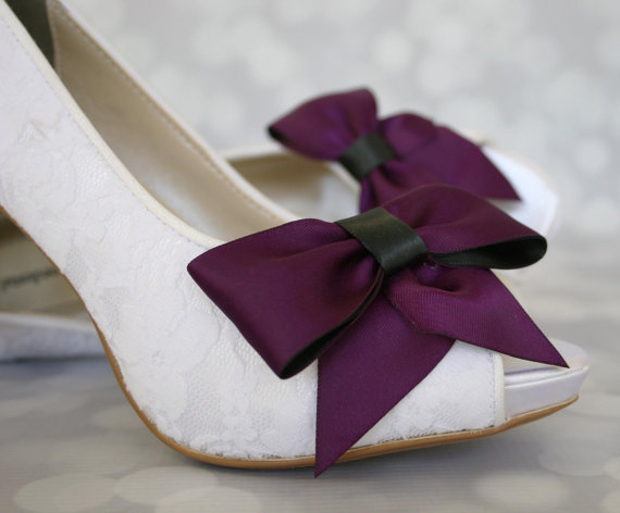 Mariage - Wedding Shoes -- White Lace Peep Toe Wedding Shoes with Two-Toned Plum and Black Bow
