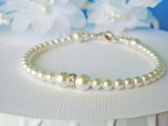 Wedding - White Pearl Bracelet Wedding Jewelry Swarovski White Pearl Bridal Accessories