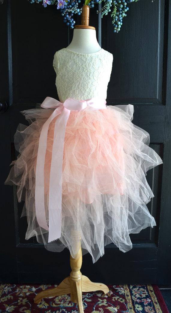 Mariage - Flower girl Blush Pink Tutu dress, Blush Pink Long Tulle Skirt lace blouse, Blush Pink Tutu, Girls Coral Tutu, Flower girl dress