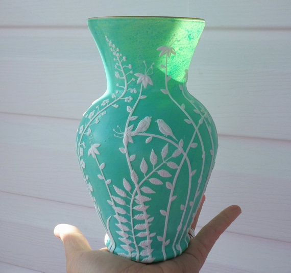 زفاف - Unity Vase with Two Love Birds in the Wildflowers Sculpted with Polymer Clay onto a Seafoam Recycled Glass Candle Holder