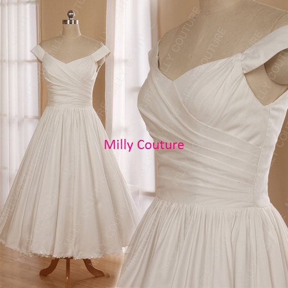 Hochzeit - Pure cotton off shoulder inspired dress 1950s wedding, vintage cotton wedding dress, tea length wedding dress,1950 dress rockabil wedding,