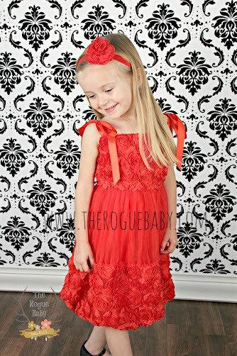 Mariage - Red Rosette Dress - Flower Girl Dress -  2T 3T 4T 5/6  - Bubble Hem - Tulle Chiffon Dress
