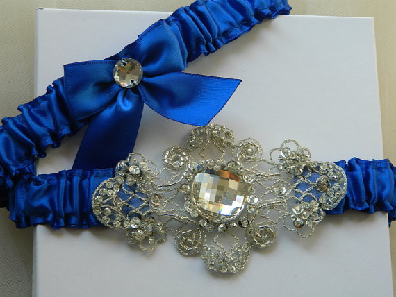 Wedding - Wedding Garter,Bridal garter,Bride garter,Heirloom garter set, Royal Blue Satin With Crystals Beaded Applique