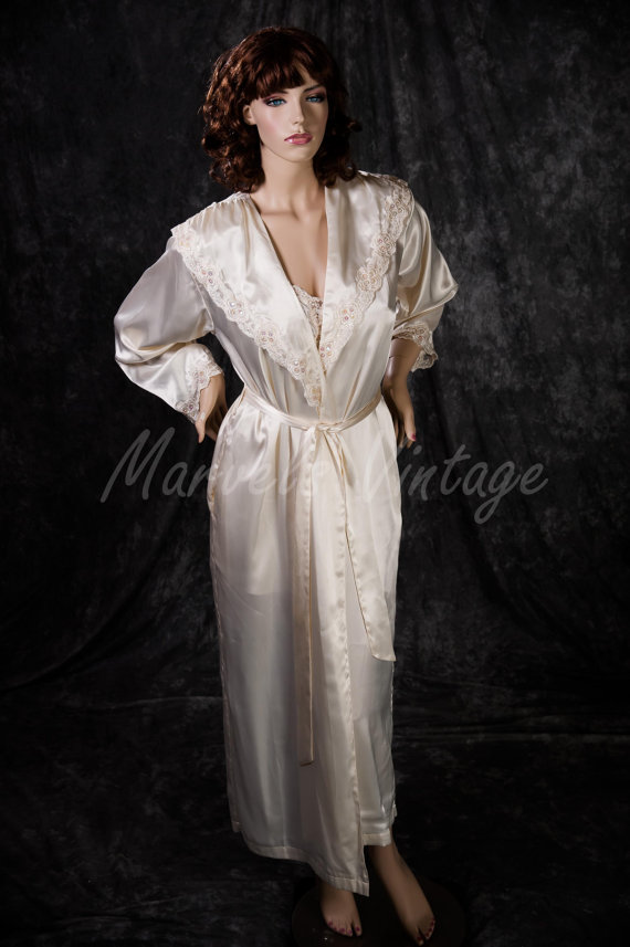 Wedding - Vintage Ivory Victoria's Secret Lingerie White Satin Robe and Nightgown Set Size Small Bridal Honeymoon
