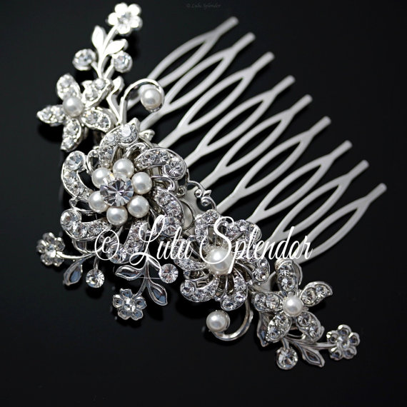 زفاف - Bridal Hair Comb Flower Side Comb Ivory White Pearl Crystal  Rhinestone Wedding hair accessories,  SABINE