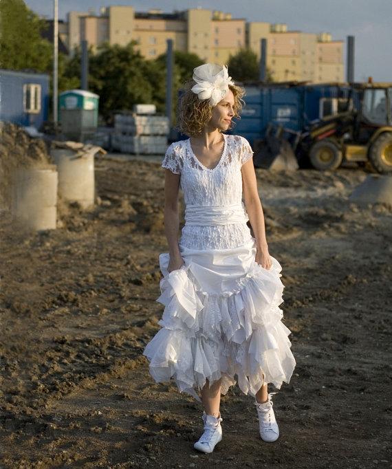 Hochzeit - White Fairy Dress Upcycled Wedding Dress Grown Tattered Romantic Dress Upcycled Woman's Clothing Shabby Chic Funky Eco Style