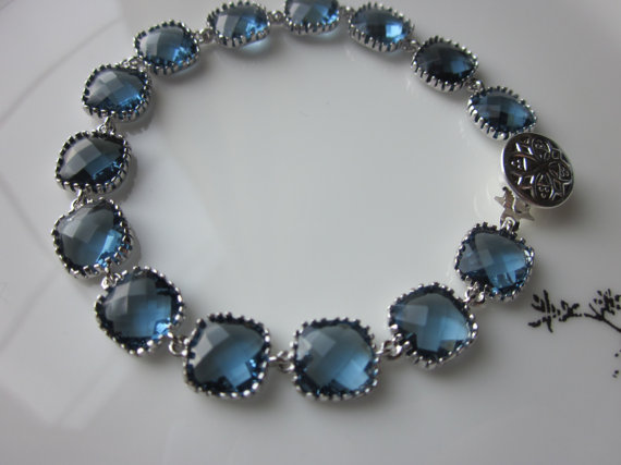 زفاف - Sapphire Navy Bracelet Blue Silver Plated - Glass Square Blocks - Bridesmaid Bracelet - Bridal Bracelet - Wedding Jewelry
