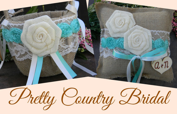 Wedding - Rustic Burlap Flower Girl Basket and Ring Bearer Pillow Set, Aqua Flower and Ivory Lace Flower Basket and Ring Pillow Set, Country Wedding