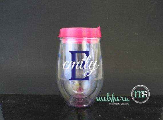 Wedding - Pink Stemless Acrylic Wine Glass - Bev2Go -Custom Personalized Tumbler - Bridesmaid Gift