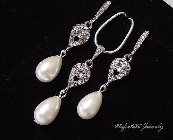 Hochzeit - Vintage style bridal jewelry set, pearl wedding jewelry set, bridal necklace and earring set, pearl bridal jewelry, crystal wedding jewelry